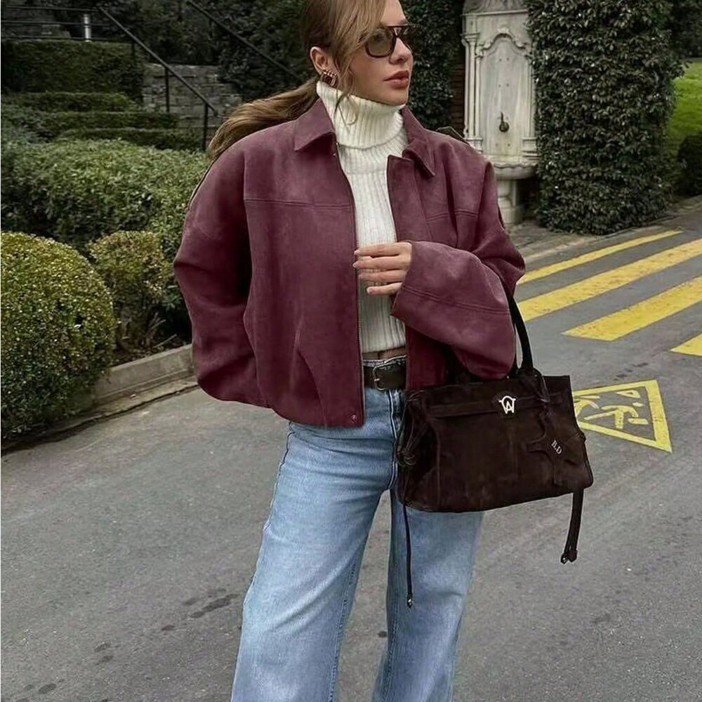 Burgundy Casual Women's  Loose Long Sleeves Zip Bomber Coat Jacket Outerwear - Picture 3 of 6